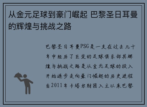 从金元足球到豪门崛起 巴黎圣日耳曼的辉煌与挑战之路