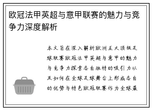 欧冠法甲英超与意甲联赛的魅力与竞争力深度解析